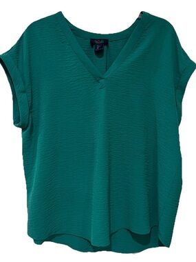 RACHEL Teal Blouse Womens Large V-Neck Short Sleeve Textured Top